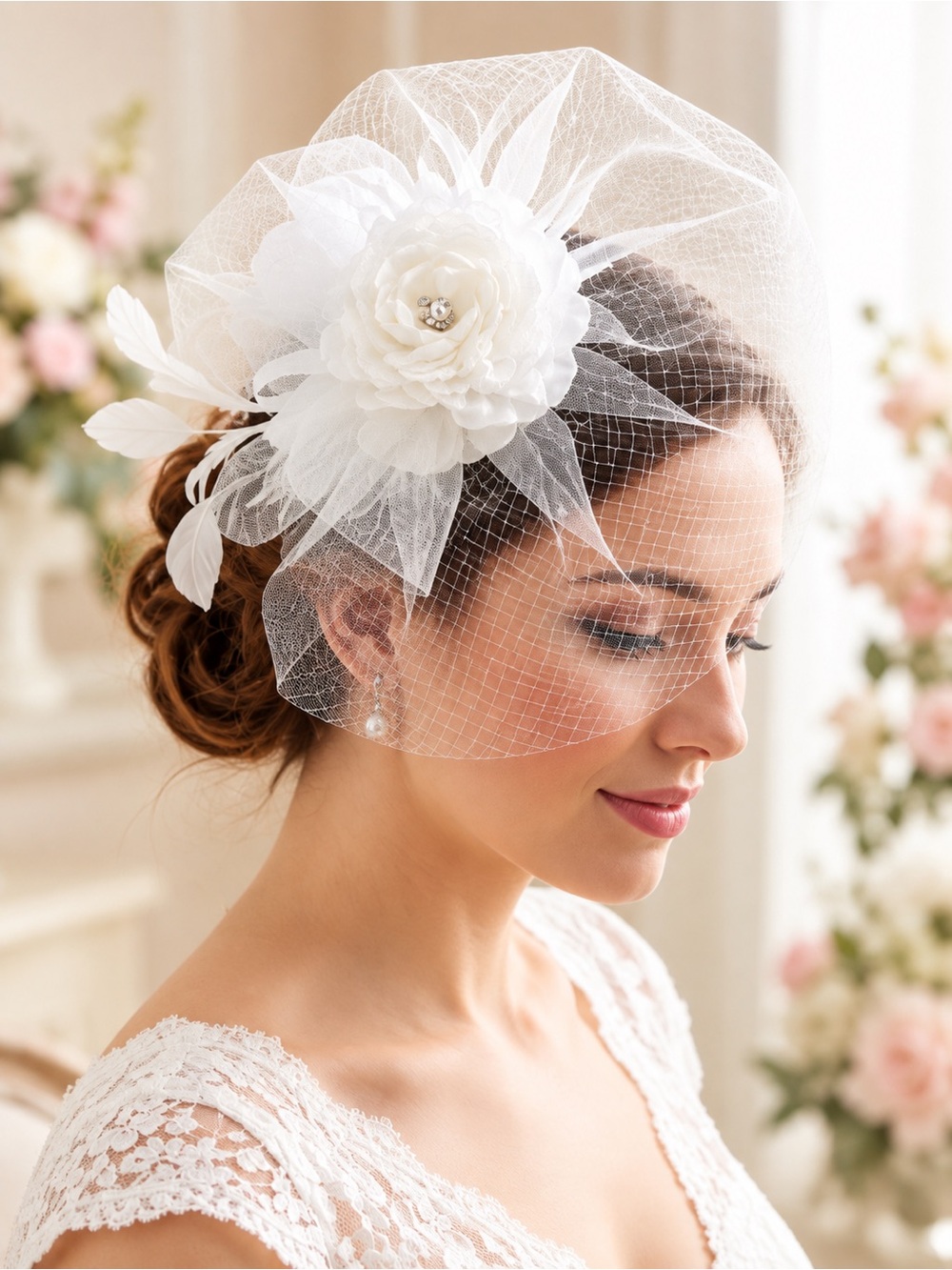 White Bridal Fascinator Birdcage Veil Wedding Hat Flower Feather Lace